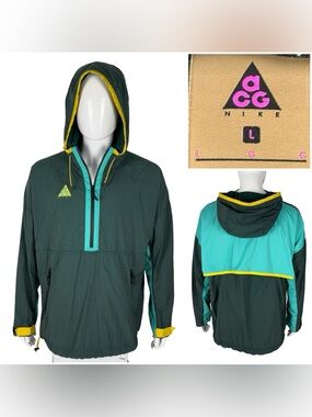 Nike ACG  Mens Large Jacket Woven Half Zip Anorak 931907 375 Green Nylon EUC